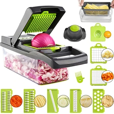 Image of ADOV Vegetable Chopper, 14 in 1 Multi Function Kitchen Mandoline Slicer, 7 Replaceable Stainless Steel Cutter with Egg Separator Hand Guard Julienne Grater for Onion Potato Fruits Grey