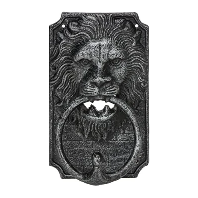 Image of Relaxdays Door Knocker Lion, Cast Iron, Vintage Bell, HxWxD: 19.5 x 12 6 cm, Animal Head Design, Decorative, Silver, 100%