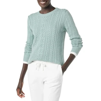 Image of Amazon Essentials Women&#039;s Fisherman Cable Long Sleeved Crewneck Sweater (Available in Plus Size), Sage Green Heather, XL