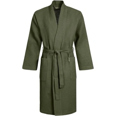 Image of Morgenstern Dressing Gown Men Waffle 100% Cotton Lightweight Kimono Bathrobe Olive Green M