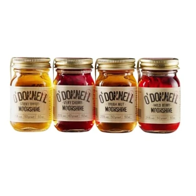Image of O&#039;Donnell Moonshine Mini Liqueur Gift Set &quot;Classics&quot; 4 x 50ml Natural Ingredients Vegan Premium American Tradition 20 25% ABV 40 50 proof Idea Mason Jar Shots