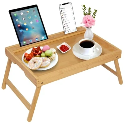 Image of Bed Tray Table with Handles Folding Legs Bamboo Breakfast Phone Tablet Holder Foldable Laptop Desk,Kitchen Serving Platters Tray(Bamboo)