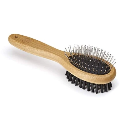 Image of Mikki Bamboo Combi Brush, for Grooming Dog, Cat, Puppy with Smooth Short and Medium Hair Coats, Handmade from Natural Sustainable Bamboo, Small,Brown