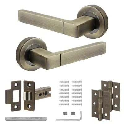 Image of Decoranddecor Lumina Internal Square Door Handles Lever On 54mm Rose Aluminium Antique Brass Latch and Hinge Kit