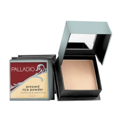 Image of Palladio, Pressed Rice Powder with Mirror Mattifying Makeup Setting that Lasts All Day Instantly Absorbs Oil Works alone or makeup, Natural