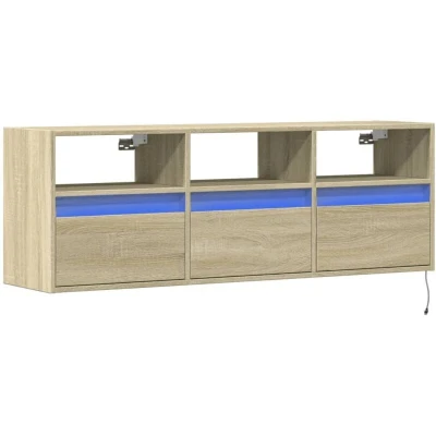Image of vidaXL Sonoma Oak TV Wall Cabinet with LED Lights Floating Unit, Engineered Wood, 3 Drawers, Compartments, 130 x 31 45 cm for Living Room