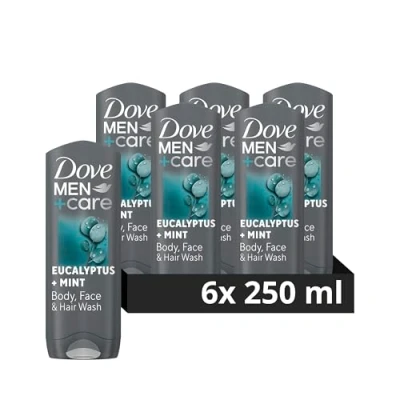 Image of Dove Men+Care Eucalyptus + Mint 3 in 1 Hair, Face and Body Wash Cleanser shower gel with MicroMoisture technology for 24 hour nourishment 6x 250 ml