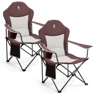 Image of EVER ADVANCED Camping Chairs for Adults Set of 2 Supports 160kg Heavy People Folding Chair Luxury Outdoor with High Back &amp; Cup Holder Side Pockets Fold Up Padded Red