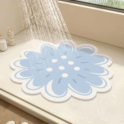 Image of Round Shower Mat Flower Bath for Inside Shower,PVC Loofah Bathroom Floor Mat,Non Slip Bathmat Anti Mould with Drain,Quick Drying (Navy,60x60cm)