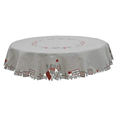 Image of Mr Crimbo Christmas Tablecloth Grey Fabric Luxury Embroidered Xmas Presents Stars 70&quot; Round