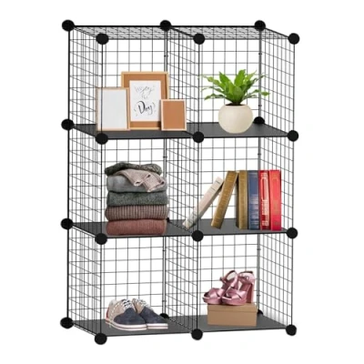 Image of Knight 6 Cube Interlocking Storage Rack Metal Wire Mesh Shelves Fence Combination Display Stand Unit Large Capacity Free Rubber Mallet 62 x 31 93 cm Black