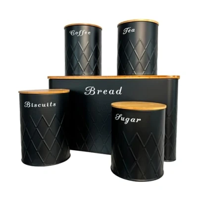 Image of Oypla 5pc Black Bamboo Lid Kitchen Canister Storage Tin Set Bread Biscuits Tea Sugar Coffee
