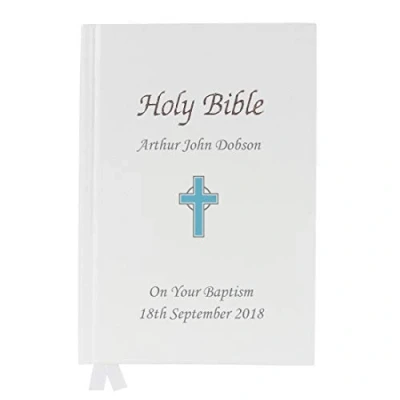 Image of Personalised blue cross bible keepsake gift for a christening baptism first holy communion confirmation
