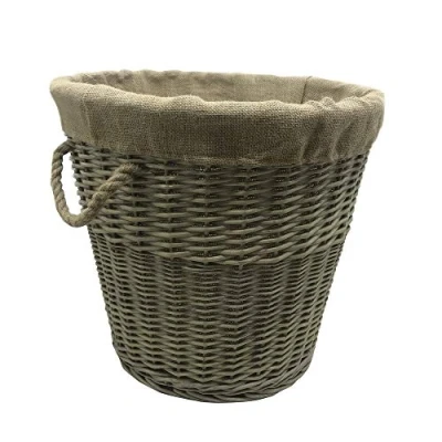 Image of JVL Antiques Wash Canvas Lined Round Log Basket with Rope Handles, 52 x 37 cm