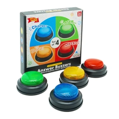 Image of Gelabur Set of 4 Buzzers for Trivia Games, Answer Classroom, Family Feud Jeopardy Buzzer, Game with Lights and Sound Show Buzzer Buttons