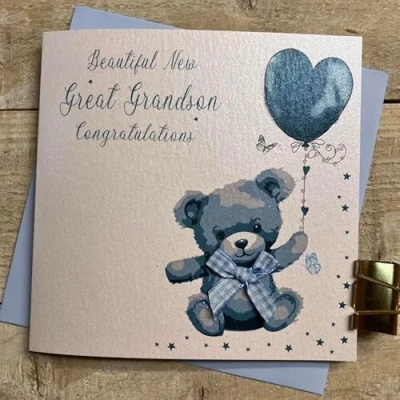 Image of WHITE COTTON CARDS BEAUTIFUL NEW GREAT GRANDSON BLUE TEDDY BABY CARD, HAND FINISHED (D311)