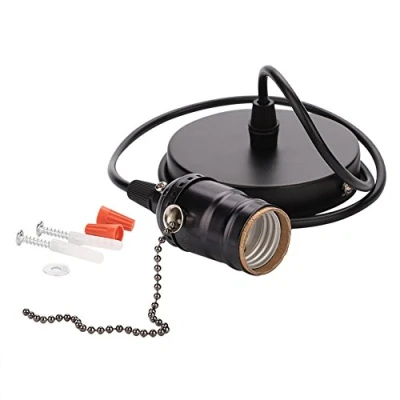 Image of Vintage Light Holder, E27 Retro Elegant Industrial Wall Pendant Ceiling Mounted Stand Lamp Bulb Base Holder Socket Lighting Screw with Pull Chain Switch(Black)