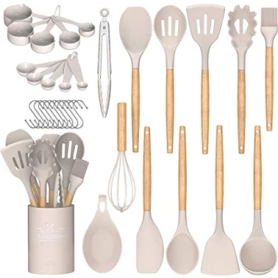 Image of Umite Chef Kitchen Cooking Utensils Set, 24 pcs Non Stick Silicone Spatula Set with Holder, Wooden Handle Heat Resistant Gadgets (Khaki)
