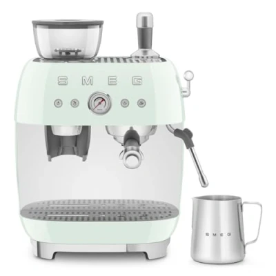 Image of Smeg EGF03PGUK Espresso Coffee Machine with Grinder, 20 Bar Pump, 2.4L, 1650W, Pastel Green