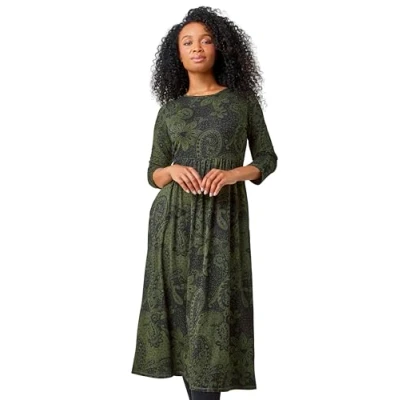 Image of Roman Petite Womens Paisley Print Midi Stretch Dress Khaki Leather Size 14 UK