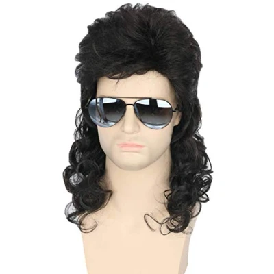 Image of Topcosplay Mens Wigs 80s Mullet Wig Black Curly Male Halloween Costumes Punk Rocker Long