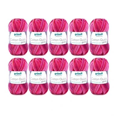 Image of Gründl Cotton Quick Print Knitting/Crochet Yarn (Colourful Made of 100% Cotton, Oeko TEX Certified, 50 g / 125 m, Needle Size: 3 4, 1 x g), Fuchsia red Multicolour