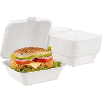 Image of Biodegradable Clamshell Takeaway Boxes 6&quot;x6&quot; Pack of 50, Disposable Food Container Burger for Hot &amp; Cold Food, Microwave Safe, Heavy Duty Container, Tab Lock Closure