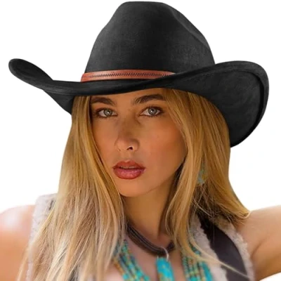 Image of DRESHOW Cowboy Hat for Women and Men Cattleman Western Cowgirl Hats Outdoor Wide Brim with Belt Buckle Unisex Rolled up Caps