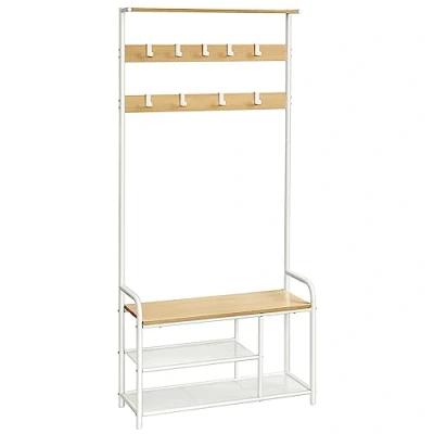 Image of VASAGLE Coat Rack Stand, Hall Tree with Bench and Shoe Storage, 9 Removable Hooks, Rack, Shelf, 30 x 85 180.5 cm, for Hallway, Bedroom, Apartment, Modern, Oak White HSR409W09