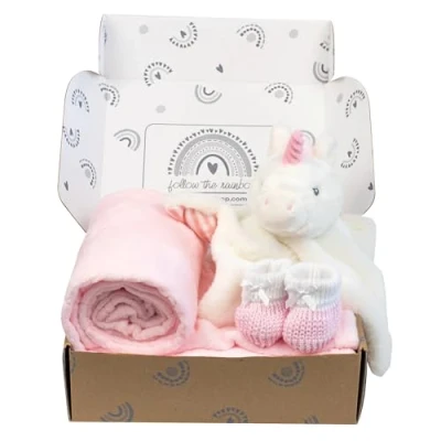Image of Baby Box Shop 4 Essentials for Newborn Girl, Ideal as Shower Gifts &amp; Christening Girls, Includes a Unicorn Comforter, Pink Fleece Blanket and Cotton Booties
