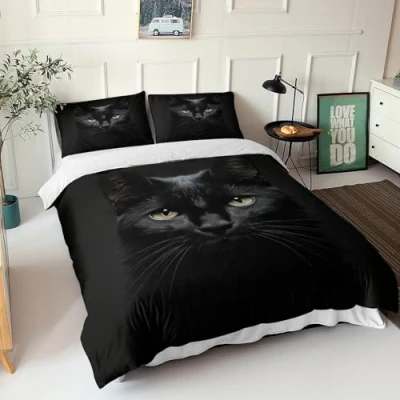 Image of REIPOL Black Cat 3D Print Duvet Cover Set Bedding Animals Quilt Microfiber with Zipper Closure Comforter Pillow3 Pcs for Kids Teens Adults Double（200x200cm）