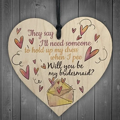 Image of RED OCEAN FUNNY Will You Be My Bridesmaid Wooden Hanging Heart Brides Wedding Invitation Keepsake Gift Plaque Favours