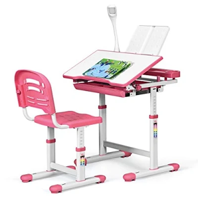 Image of Maxmass Student Desk and Chair Set, School Study Table with LED Lamp, Tilt Desktop Storage Drawer, Adjustable Height Children Writing Kit (Pink)
