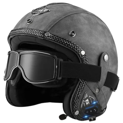 Image of Motorbike Open Face Bluetooth Helmet Retro Jet Motorcycle Leather Adult Half with Fashion Goggles ECE Approved Men&#039;s and women&#039;s 3/4 helmets Moped Scooter 10,S(55 56CM)