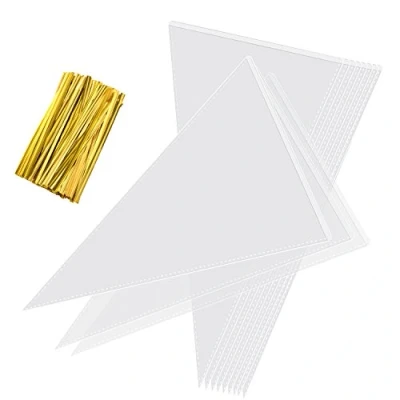 Image of Whaline 100pcs Cone Bags Sweets Transparent Cellophane with 100 Gold Twist Ties for Snacks Popcorn Chocolates Candy Party