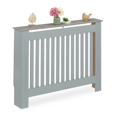 Image of Relaxdays Radiator Cover, Slatted Design, HWD: 83x112x19 cm, Wood Effect Shelf, Central Heating Cladding, MDF, Grey