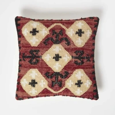 Image of HOMESCAPES Handwoven Kilim Cushion Black Yellow &amp; Red 100% Cotton Wool Traditional Authentic with Super Microfibre Insert 45 x cm