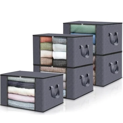 Image of edihome, Clothes Storage Bag, (5 pieces), Wardrobe Organiser, with Reinforced Handles, Heavy Duty Cloth Pouches Transparent Window (Dark gray, Pack of 5)