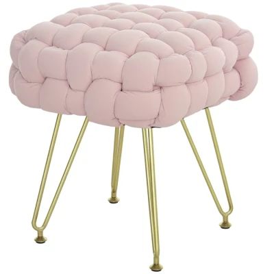 Image of HOMCOM Modern Foot Stool, Woven Velvet Footstool with Metal Legs, Padded Seat for Living Room, Bedroom, Entryway, Pink
