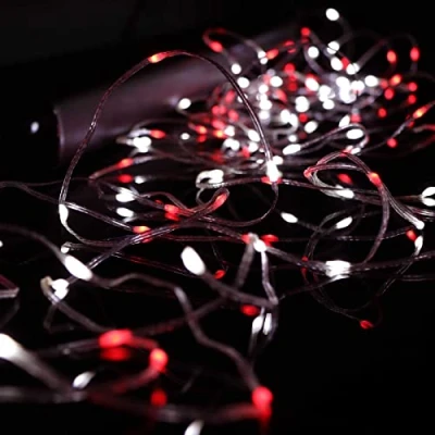Image of Qbis Fairy Lights, 100 Red and White Battery Operated Christmas Multi Function Micro Wire Lights with Timer, Transparent (100 LEDs (10m) &amp; White)