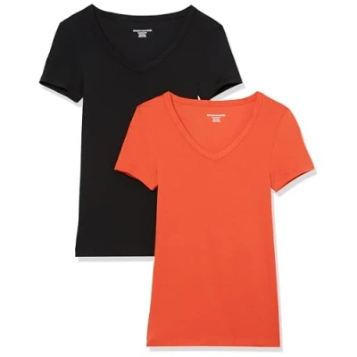 Image of Amazon Essentials Women&#039;s Slim Fit Short Sleeve V Neck T Shirt, Pack of 2, Black/Tomato Red, L