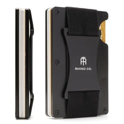 Image of RHINO CO. Minimalist Metal Wallet RFID Blocking Credit Card Holder with Cash Strap Slim, Secure, Small and Stylish (Black)