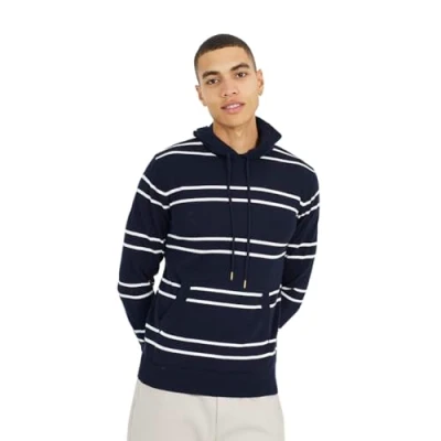 Image of BRAVE SOUL Mens Knitted Hooded Cotton Pullover Narrow Stripe Jumper Hoodie Casual Top Navy L