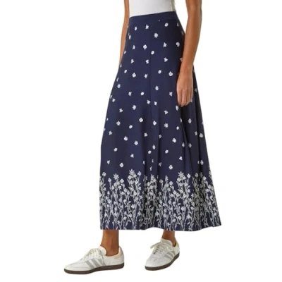 Image of Roman Originals Jersey Skirt for Women UK Ladies Midi Maxi Ditsy Floral Summer Spring Holiday Swing Shape Vacation Smart Casual Work Cocktail Party Going Out Navy Size 12