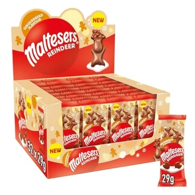 Image of Maltesers Gingerbread Flavour Reindeers, Milk Chocolate, Malt, &amp; Honeycomb, Christmas Chocolate Treats, 32x29g Case