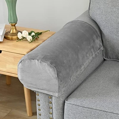 Image of Anti Slip Armrest Covers, Stretch Sofa Arm Slipcovers for Chairs Recliners Couch, Soft Velvet Armchair Covers Washable Chair Caps, Set of 2,Light Grey