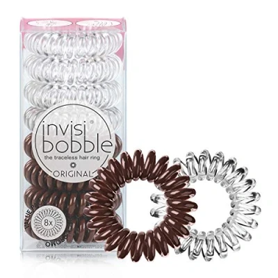 Image of invisibobble Original Traceless Spiral Hair Ties Pack of 8, Crystal Clear and Pretzel Brown Strong Elastic Grip Coil Accessories for Women Non Soaking Gentle Girls Teens Thick