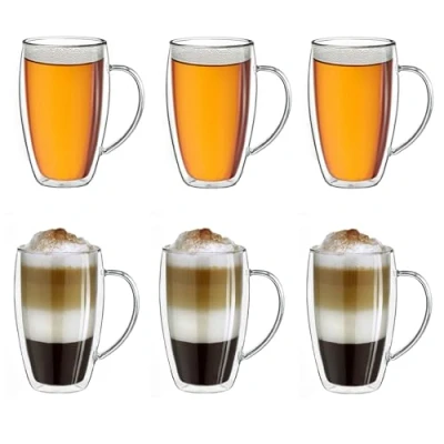 Image of Creano Double Walled Coffee Glasses with Handle 400ml Insulated Latte Macchiato Cups Cappuccino, Tea Handmade Heat Resistant XXL Mugs 6 pcs (Pack of 1)
