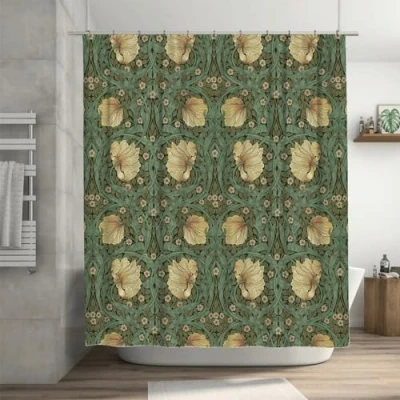 Image of Ansouyi William Morris Shower Curtain Set with 12 Hooks, Bath Curtains Waterproof Polyester Fabric, Green Art Nouveau Floral Home Bathroom Bathtubs Decor Washable Durable 72&quot; Wx72 L