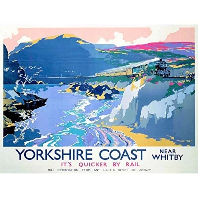 Image of Wee Blue Coo Travel Tourism Yorkshire Whitby England UK Steam Train Gulls Sea Art Print Poster Wall Decor 12X16 Inch